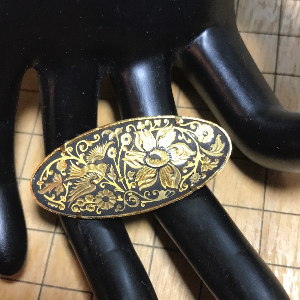 Damascene Oval Brooch Real Gold Inlay Flying Bird Flowers 1.75”W x0.75”H EVC